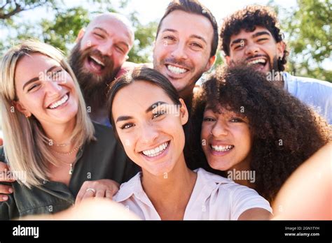 Multiracial People Taking Selfie Outdoors Happy Life Style Concept With Young Smiling Friends
