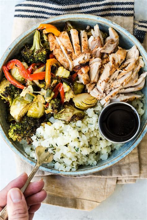 12 savory chicken & rice recipes. Chicken Bowl with Roasted Vegetables and Cauliflower Rice ...