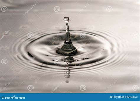 Monochromatic Image Of Water Drop Balanced At Top Of Splash High Speed