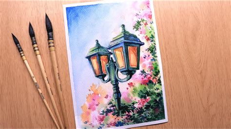 Watercolor Painting For Beginners Beautiful Flower Tree And Street Lamp