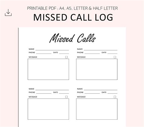 Missed Call Log Printable Phone Messages Phone Calls To Etsy