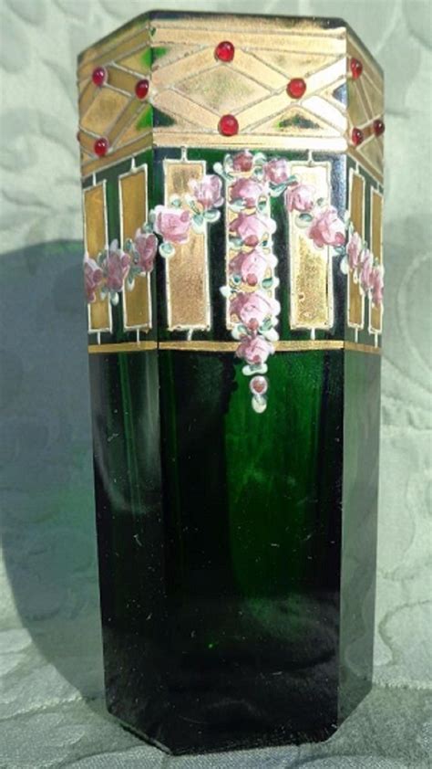 Antique Moser Enamelled Gilded Jewelled Green Glass Posy Spill Vase Quality 1880 Glass Vessel
