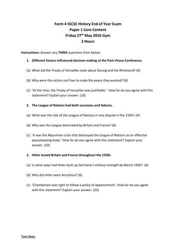 Igcse History Paper 1 Mock Exam By Imhowarth Teaching Resources