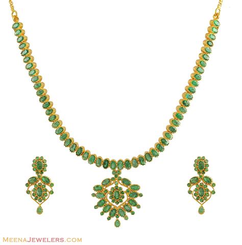 22k Gold Emerald Necklace Set Psem10775 22kt Gold Necklace And