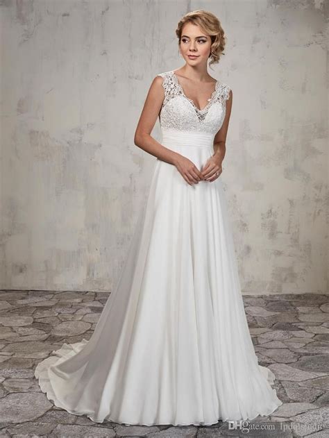 A Line Wedding Gown Features Lace Top Chiffon Skirt V Neck Pleated