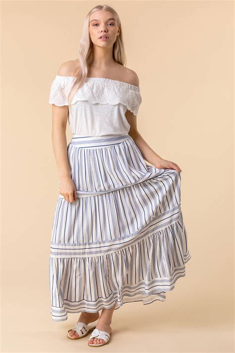 Tiered Stripe Print Maxi Skirt In Navy Roman Originals Uk