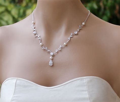 Vine Crystal Bridal Necklace Dainty Crystal And Pearl Wedding Etsy