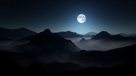 Nature Landscape Mountain Mist Moon Starry Night Moonlight Dark