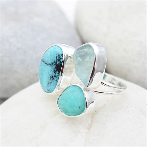 Aquamarine Amazonite And Turquoise Gemstone Sterling Silver Ring