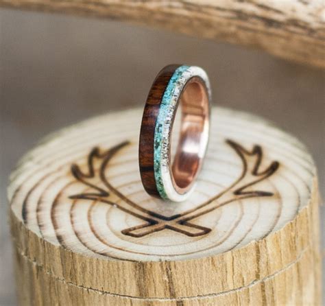 Unique Handcrafted Wood Antler Turquoise Wedding Ring Set In Rose