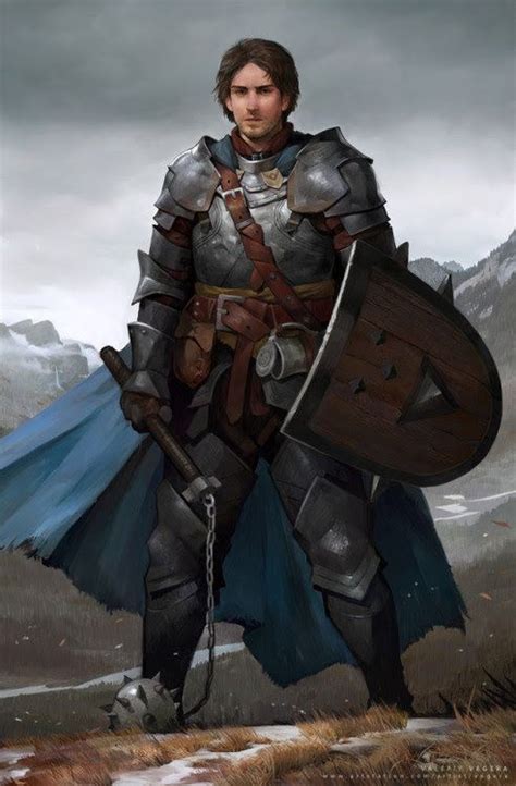 M Cleric Med Armor Shield Cloak Flail Mountains Character Art