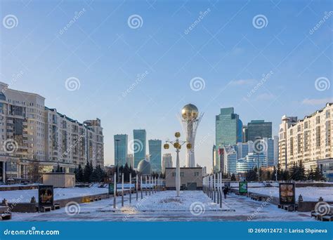Panoramic View Of Baiterek Tower On Nurjol Boulevard Urban Landscape