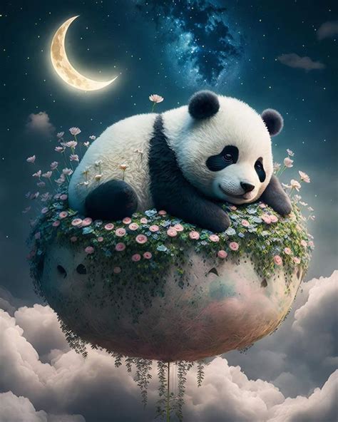 A Panda Bear Sitting On Top Of A Rock In The Sky With Clouds And Flowers