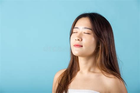 Front Portrait Of Asian Young Woman Beautiful Face Closed Eyes And Smiling Stock Image Image