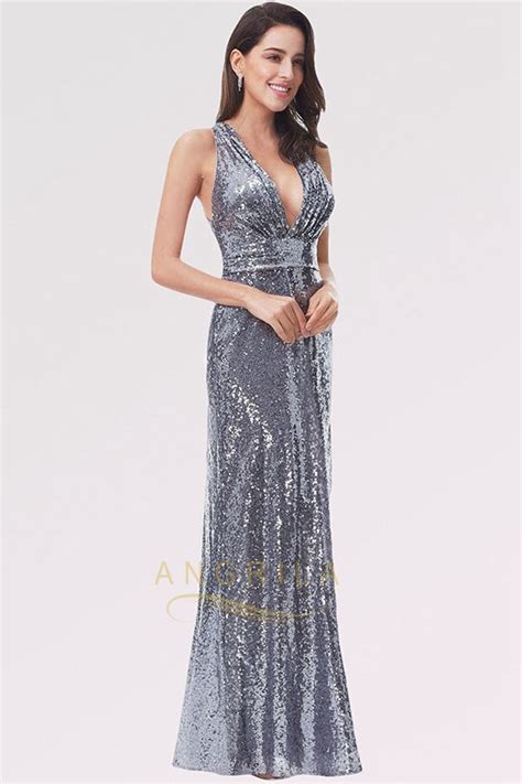 Sequined Sheathcolumn V Neck Long Prom Dress With Sequins Angrila