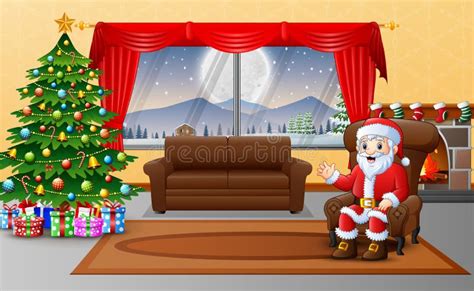Santa Claus Sitting In Sofa Near Decorated Pine Tree Stock Vector