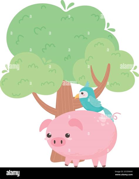 Little Pig And Parrot Tree Cartoon Animals In A Natural Landscape