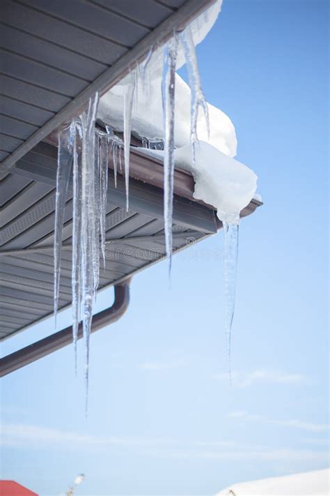 Big Icicles On The Roof Of A House On A Snowy Winter Day Thaw Stock