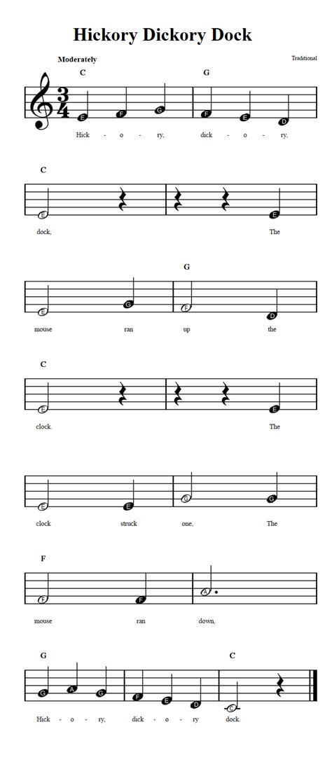 hickory dickory dock beginner sheet music with chords and lyrics