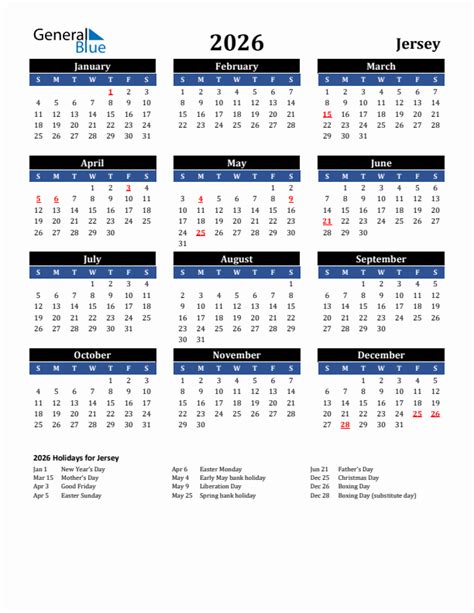 2026 Jersey Calendar With Holidays