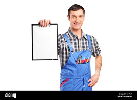 A Repairman Holding A Blank Clipboard Isolated On White Stock Photo Alamy