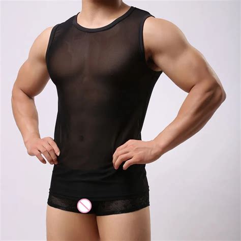Sexy Tank Top Men Mesh Transparent Breathable Sleeveless Undershirt See