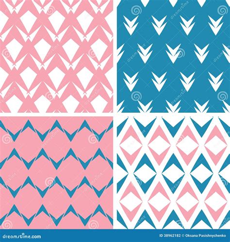 Four Abstract Pink Blue Arrows Geometric Pink Seamless Patterns Set