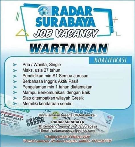Apa lagi bagi para fresh graduate yang sangat menginginkan pekerjaan. Lowongan Kerja Wartawan Radar Surabaya - Indah Pratiwi di Pabean Cantikan, Surabaya, 2 Mar 2020 ...