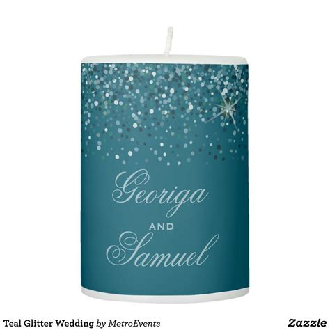 Teal Glitter Wedding Pillar Candle Zazzle Pillar Candles Wedding