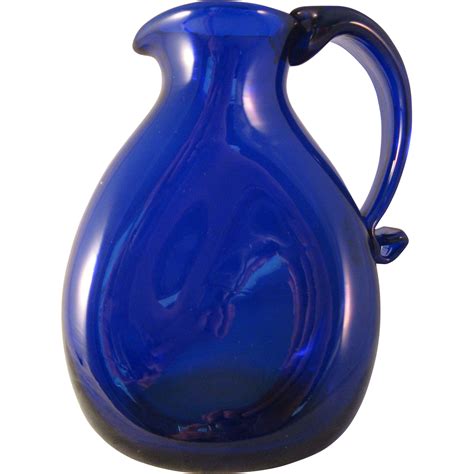 Vintage Cobalt Blue 5 Pinch Pitcher Art Glass With Attached Handle