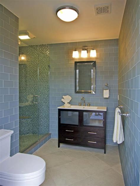 Looking for clever subway tile bathroom ideas? Blue Glass Subway Tile in Bathroom | HGTV