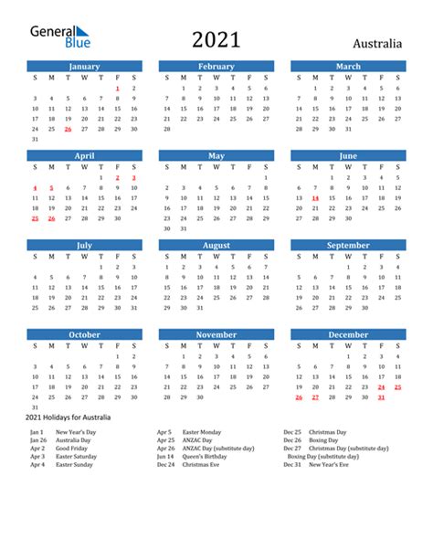2021 calendar in printable format with: 2021 Calendar - Australia with Holidays