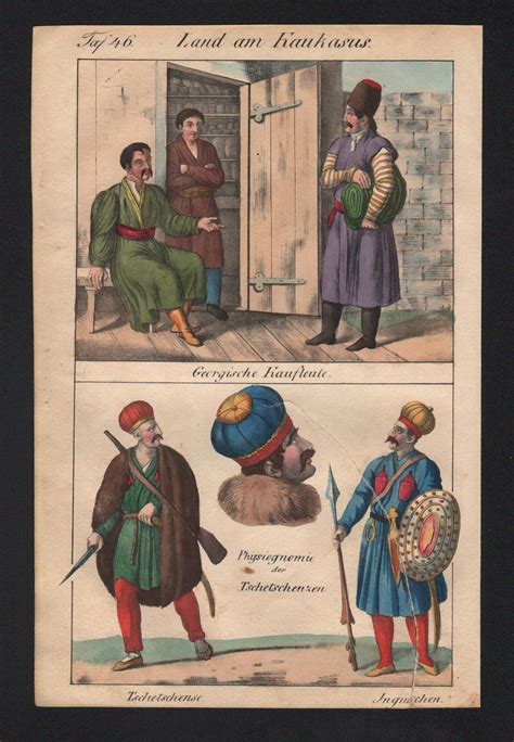 1830 Georgia Chechnya Russia Caucasus Natives Costumes Lithograph