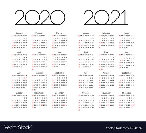 Calendar 2020 2021 Year Editable Template Vector Image