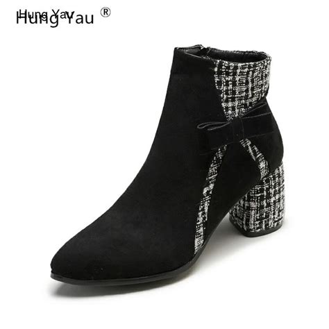 Hung Yau Autumn Boots For Women Classic Chelsea Ladies Shoes Pointed Toe Grid Botas Feminina