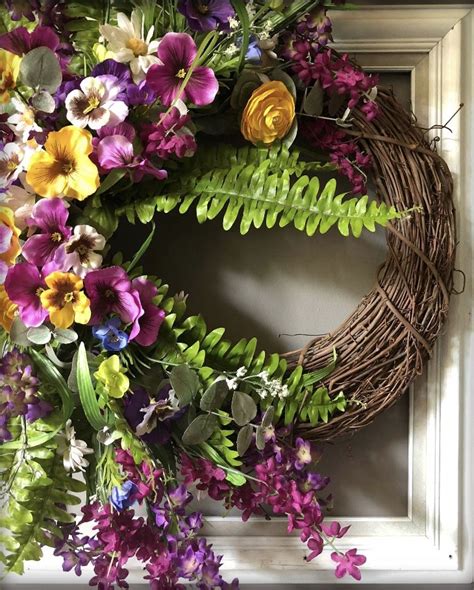 Spring Faux Floral Wreath With Pansies And Ferns Mounted On Chalk