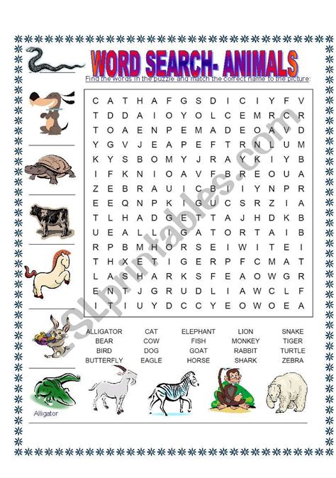Animals Word Search Worksheet