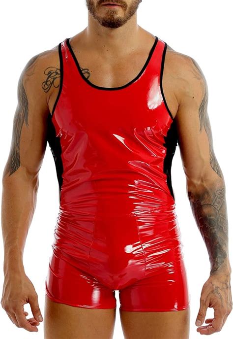 Yanarno Men S Pvc Leather Jockstrap Bodysuit Wrestling Singlet Bodybuilding Jumpsuit Leotard