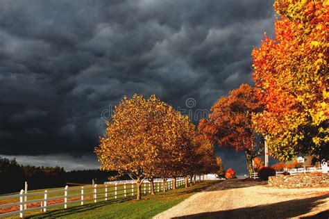 Stormy Sky And Autumn Leaves Stock Photo Image Of Fence Calm 61904192