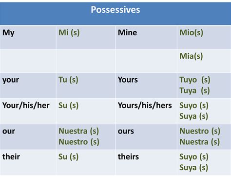 Possessive Pronouns In Spanish Chart
