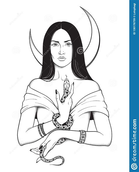 Beautiful Brunette Witch With Serpent In Her Hands And Crescent Moon