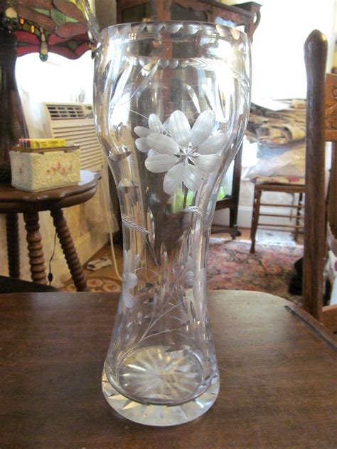 Tall Crystal Wheel Cut Corset Vase With Flowers And Foliage From Prairieland On Ruby Lane
