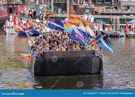 mr b boat at the gaypride canal parade with boats at amsterdam the netherlands 6 8 2022