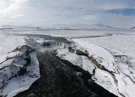 Drone Shot Of Godafoss Waterfall Iceland Taken From A High Angle