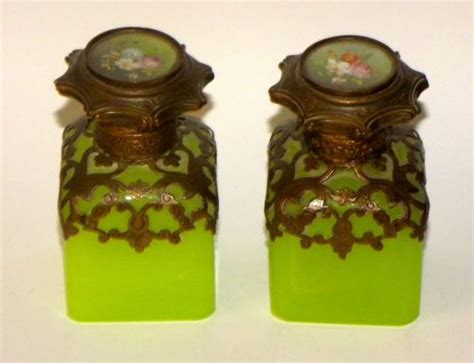 Pair Antique French Palais Royal Green Opaline Glass Perfume Scent