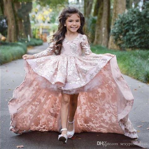 Pink High Low Long Sleeve Flower Girl Dresses For Wedding Lace Applique