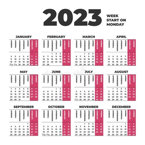 Kalender 2023 Med Veckorna Som Börjar På Måndag Vektor Illustrationer