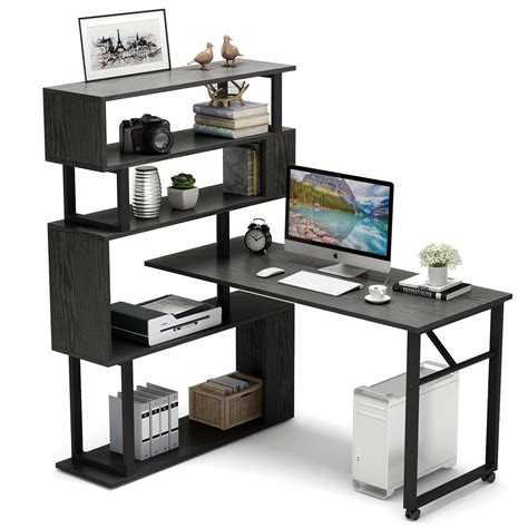 Rotating Computer Desk With Shelves Bookshelf Modern L Shaped Corner