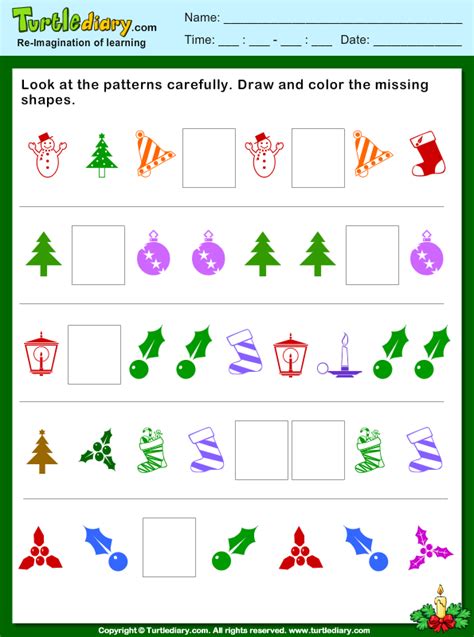 christmas pattern draw  color missing shapes worksheet