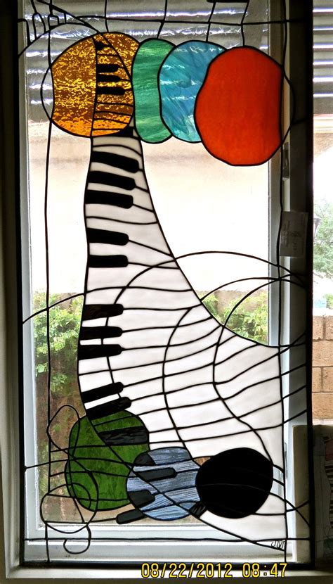 Pair Stained Glass Music Panels Fantasy Modern White Black Blue Green Gold Piano Bass Arte En